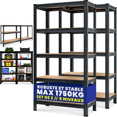 Image de MONZANA® 2x Étagères charge lourde noir 5 niveaux 180x90x40cm Étagère métallique max 875kg Rangement garage atelier