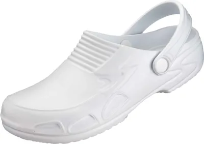 A single white clog shoe is shown against a white background.
