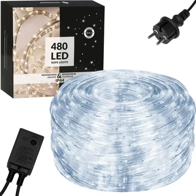 A product shot of a coiled LED rope light with its packaging and accessories.