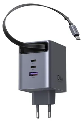 Image de Chargeur Ugreen Nexode GaN Infinity 1x USB-A + 2x USB-C 100W avec Câble Rétractable