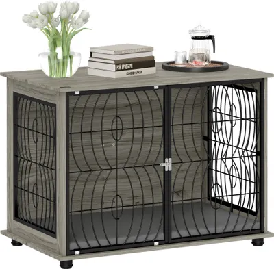 Image de Cage pour chien PawHut pour la maison, niche pour chien, cage d'intérieur pour animaux domestiques avec coussin, maison pour chien avec fenêtre, box pour grands chiens, gris, 100 x 60 x 73,5 cm