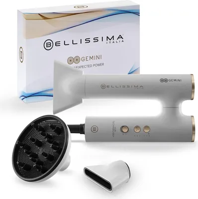 Obrázek produktu pro Fén Bellissima Gemini, ultralehký, kompaktní, otočná rukojeť, digitální motor, velmi silný proud vzduchu, ionizátor, 2 koncentrátory + difuzér, 3 rychlosti + 3 teploty N