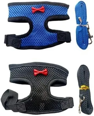 Produktbild von 2 Stück Hühner Geschirr mit Leine – Verstellbares Hühner-Geschirr Set in Schwarz + Blau, Atmungsaktive Hühnerweste aus Netzmaterial.Trainingsgeschirr für Hühner, Hennen, Enten oder Gänse