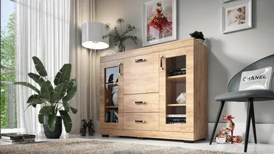Produktbild von Kombikommode P27, 2 Vitrinentüren, 2 Schubkästen, Barschrank, B130xH106xT43 cm, komplett vormontiert - Goldene Eiche