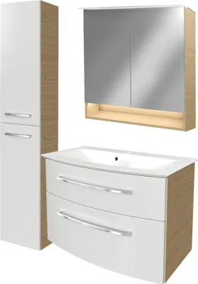 Produktbild von Fackelmann B.STYLE Badmöbel Set 4-teilig, 83 cm, Weiß/Braun + LED-Spiegelschrank + Hochschrank links