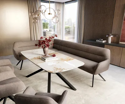 Produktbild von DELIFE Esszimmerbank Taya-Flex 285x190 cm Strukturstoff Soft Taupe Kreuzgestell kantig Schwarz Taschenfederkern Rechts