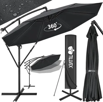 Produktbild von Famanu Sonnenschirm Ø 300cm mit Kurbel - Schwebesonnenschirm mit Standfuß - UV-Schutz - Anthrazit