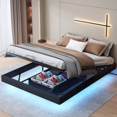 Image de Lit double noir - 160 x 200 cm - Structure en métal avec éclairage LED et cadre suspendu