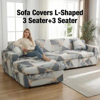 Produktbild von Sofa Überzug Couch Überzug 2er Set für Ecksofa L-Form Sofabezug 3 Sitzer+3 Sitzer, Universal Stretch Antirutsch Sofabezug, Grau/Weiß
