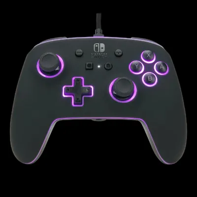 A black wired controller with purple LED lighting against a black background.