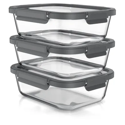 Produktbild von Arendo Vorratsdosen 3er Set aus Borosilikatglas je 1510 ml, Meal Prep Frischhaltedosen mit Glasdeckel, Silikondichtung, luftdicht, auslaufsicher, 3 Stück, transparent-grau