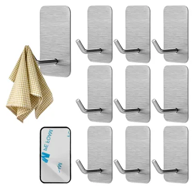 Produktbild von 10 Stück Handtuchhaken ohne Bohren, 304 Edelstahl Handtuchhalter selbstklebend, rostfrei, wasserdicht für Bad, Toilette, Küche, Büro