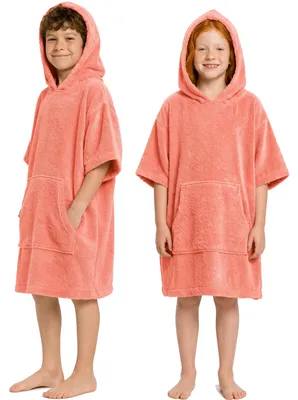 Produktbild von CalmyBEACH Frottee Badeponcho Kinder Bademantel  - Peach 10-13 Jahre 100% Baumwolle Surfponcho