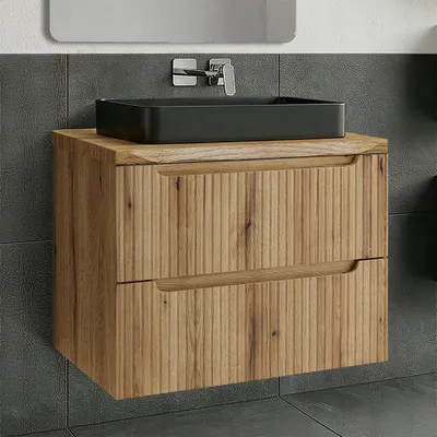 Produktbild von Badezimmer Waschtisch mit 80 cm Breite in Eiche mit gerillter Front & Baumkantenoptik, 2 Schubladen - NEWPORT-56-EVOKE