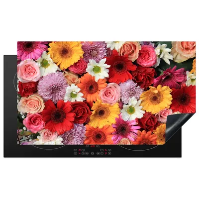 Produktbild von KitchenYeah© Herdabdeckplatte Blumen - Farben - Gerbera - Rosen , 91x52cm, Küche Deko, Glaskeramikkochfeld Herdabdeckung, Abdeckplatte fùr Kochfeld