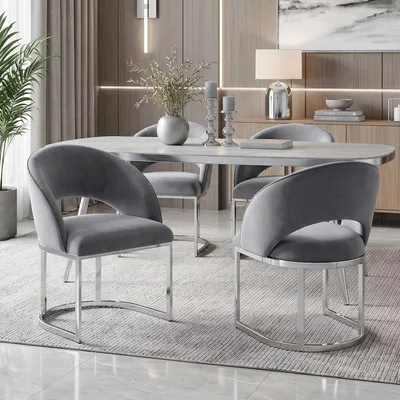 Image de Ensemble de 4 chaises de salle à manger Flieks, avec pieds argentés, design bouclé, idéales pour les restaurants, les salons, les cuisines. Chaises rembourrées, couleur gris et argent