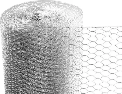 A roll of hexagonal wire mesh, also known as chicken wire or hardware cloth, is shown in a close-up view.