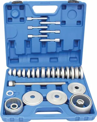 Immagine prodotto di Set di attrezzi per cuscinetti ruota, strumento estrattore di mozzi ruota, cuscinetti sferici, utensili per unità cuscinetto mozzo, kit di smontaggio per VW per Audi, Opel, Fiat, BMW, Ford, 50–102 mm 34 pezzi