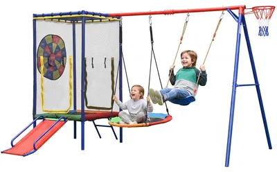 Produktbild von Multifunktionales Outdoor-Schaukel-Set,Kinder Spielgerät Outdoor mit Trampolin, Schaukel, Rutsche & Basketballkorb – Multifunktionaler Spielplatz für Garten, mit Sicherheitsnetz, Nestschaukel & stabil