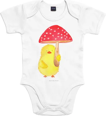 Produktbild von Mr. & Mrs. Panda Strampler Baby Küken Fliegenpilz 12. - 18. Monat - Heather Grey - Geschenk, Ostergrüße, Ostern, Einteiler, babykleidung body, Babybody, Glückspilz, Frohe