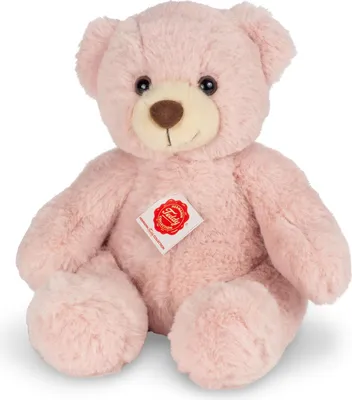A pink teddy bear sitting on a white background.