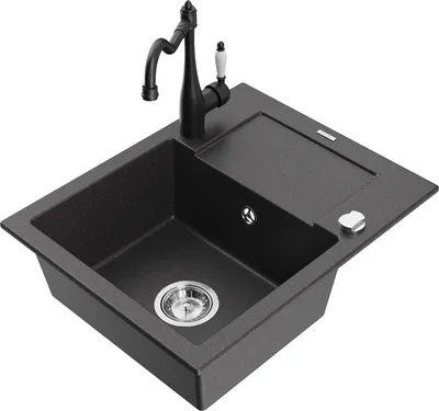 Produktbild von Mexen Enzo 1 Becken-Granitspüle mit Abtropffläche und Mischbatterie Carla, Schwarz gesprenkelt - 6506-76-670700-70