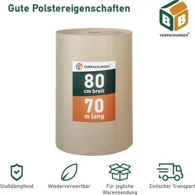 Produktbild von 3 x Rollenwellpappe (0,8 x 70 m) Wellkarton Füllmaterial Polster Schutz Rollwellpappe BB-Verpackungen