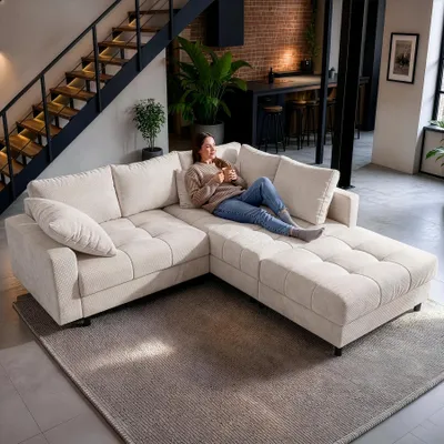 Produktbild von riess-ambiente Ecksofa KENT 220cm champagner beige Chenille Wohnlandschaft inkl. Kissen Hocker Federkern