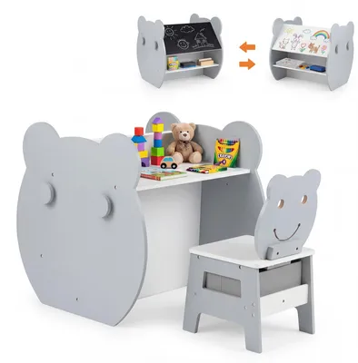 Produktbild von COSTWAY 3 in 1 Kindertisch mit Stuhl, Maltisch mit Kreidetafel & Whiteboard, Kindersitzgruppe mit Haken, Stoffschublade, Stauraum, für Kinder ab 3+