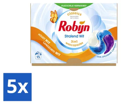 Produktbild von 5 x Robijn 3-in-1 Wascapsules Stralend Wit - Vorteilspackung - 5 Stücke