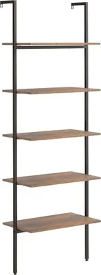 A tall, narrow ladder shelf unit with five wooden shelves and a black metal frame, shown against a white background.