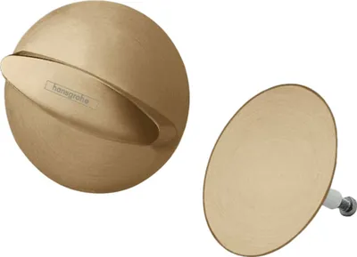 Two parts of a drain and overflow set, one with a circular plate and a lever, the other a circular plate with a bolt.