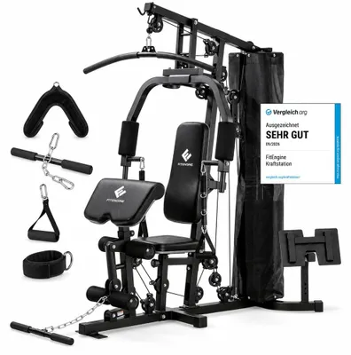 Imagen del producto de FitEngine: Estación de entrenamiento, banco de ejercicios, bicicleta estática, estación de fitness multifuncional, banco de pesas para gimnasio, equipo de gimnasio, metal, pesas, gimnasio en casa, barra de dominadas, soporte para fondos
