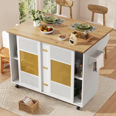 Produktbild von Kücheninsel,küchenmöbe,Küchenschrank kücheninsel freistehend,Buffetschrank,120x73(45)x93cm,ausziehbarer Küchenwagen mit Rollen, Handtuchhalter, Gewürzregal, verstellbaren Einlegeböden, weiß