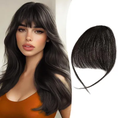 Produktbild von Clip in Pony 100% Echthaar mit Schläfen Remy Fransen Bangs für Damen Naturschwarz 5.5g