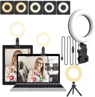 Immagine prodotto di Anello luminoso LED Ibenzoa®, compatto con morsetto e treppiede, alimentazione USB, 5 modalità di luce e 11 livelli di luminosità, rotazione a 360° per videoconferenze, streaming e selfie