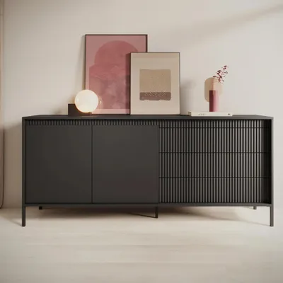 Produktbild von Sideboard Kommode FERRATO 187 cm Schwarz Riffelung grifflos 2D3S