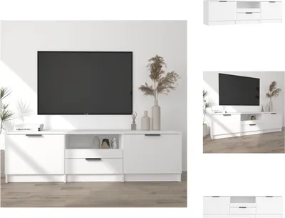 A white TV stand with a large black television mounted on the wall above it.