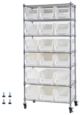 Produktbild von Standregal, Lagerregal mit 7 Ebenen & 18 Stapelboxen, Bücherregal, Küchenregal mit Rollen, Werkzeugaufbewahrung für Garage, Lager, Büro, Restaurant