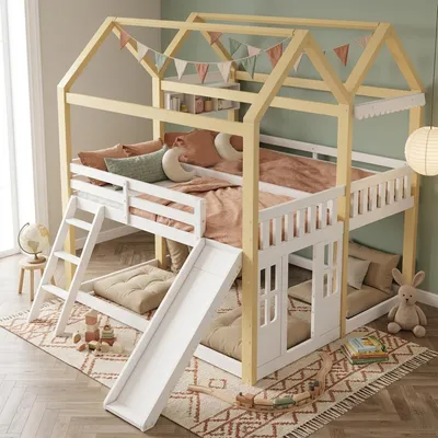 Productafbeelding van Merax hoogslaper, etagibed 90x200 cm met glijbaan en ladder, huisbed met deuropstelling, links/rechts monteerbaar, kinderbed met speelruimte, wit