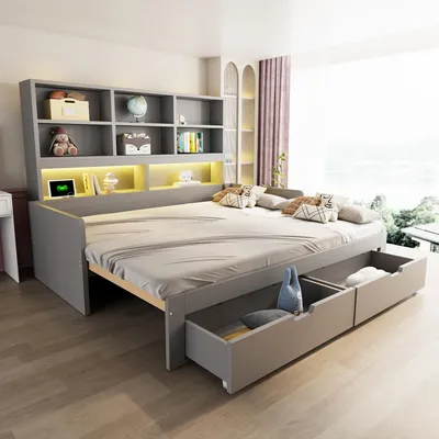 Produktbild von Flieks Tagesbett 90x200cm mit Ausziehbarem Bett, Schlafsofa Holzbett mit Led und Ladefunktion, Jugendbett mit Schubladen, Gästebett Grau
