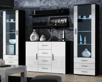 Produktbild von Furniture24 Wohnwand SOHO 3 mit Blauer LED Beleuchtung, Anbauwand, Wohnzimmerschrank, Schrankwand, Vitrine, Sideboard, Hängeregal Schwarz/Weiß Hochglanz