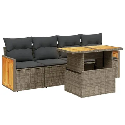 Produktbild von 5-tlg. Garten-Sofagarnitur mit Kissen Grau Poly Rattan