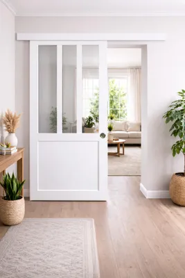 Immagine prodotto di Porta scorrevole da officina bianca H204 x L73 cm, binario in alluminio bianco, conchiglie GD MENUISERIES