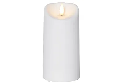 Produktbild von Star Trading 063-84 LED-Kerze "Flamme" aus Kunststoffflackernde Flamme, warmwhite,ca. 7,5x15 cm, weiß, Batterie, Timer,outdoor, Vierfarb-Karton