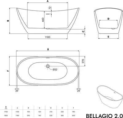 Produktbild von Freistehende Badewanne BELLAGIO 2.0 - Acryl - Größe & Oberfläche wählbar, Farbe:Weiß glänzend, Größen:170 x 78 cm