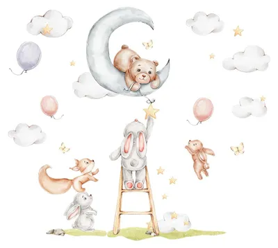 Produktbild von Wandaufkleber – Aquarell-Waldtiere, Kaninchen und ihre Freunde – Selbstklebende Aufkleber – 80 x 120 cm