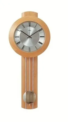 A wooden pendulum clock with a silver face and black Roman numerals.