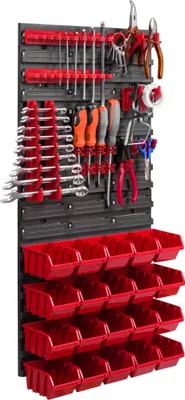 A tool organizer wall mount with various tools and storage bins.