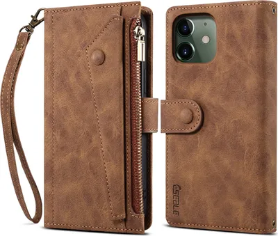 Produktbild von Schutzhülle für iPhone 11 Reißverschluss Hülle, Leder Klapphülle Kartenfach Standfunktion Brieftasche mit Trageband Braun